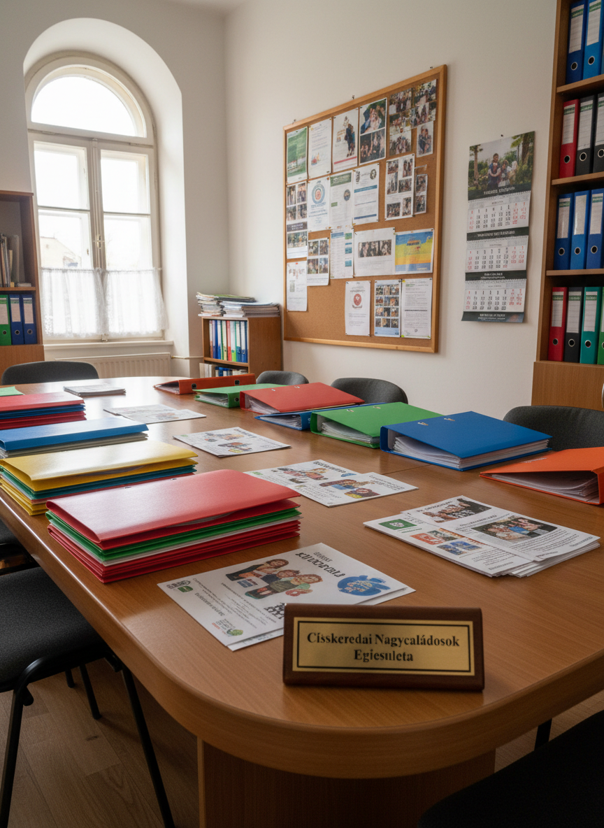 A warmly lit community office for a large-family support association, with a sturdy wooden meeting table covered in neatly stacked colorful folders, printed information leaflets, and a polished nameplate reading “Csíkszeredai Nagycsaládosok Egyesülete.” In the background, a large wall calendar and a bulletin board display organized schedules and family programs, all in Hungarian. Soft natural afternoon light enters through a tall window, casting gentle, realistic shadows and a calm, professional glow. Photographed at eye level with sharp focus and subtle background blur, in clean photographic realism, emphasizing order, trust, and organizational reliability without any people present.