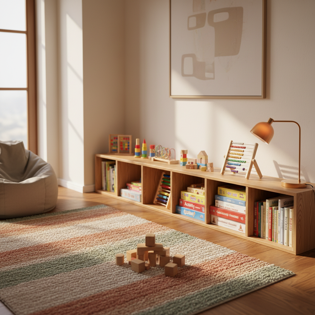 A cozy, well-organized play and study corner symbolizing support for large families, featuring a low wooden shelf with neatly arranged educational toys, board games, and colorful storybooks in Hungarian. A soft woven rug in muted earth tones lies in the center, with a stack of child-safe wooden blocks and a small reading lamp nearby. Sunlight from a side window creates a warm, diffused glow, highlighting textures of wood and fabric. Photographed from a slightly elevated angle in crisp photographic realism, with shallow depth of field, the scene feels welcoming, safe, and family-oriented while remaining professional and uncluttered, and no people are visible.