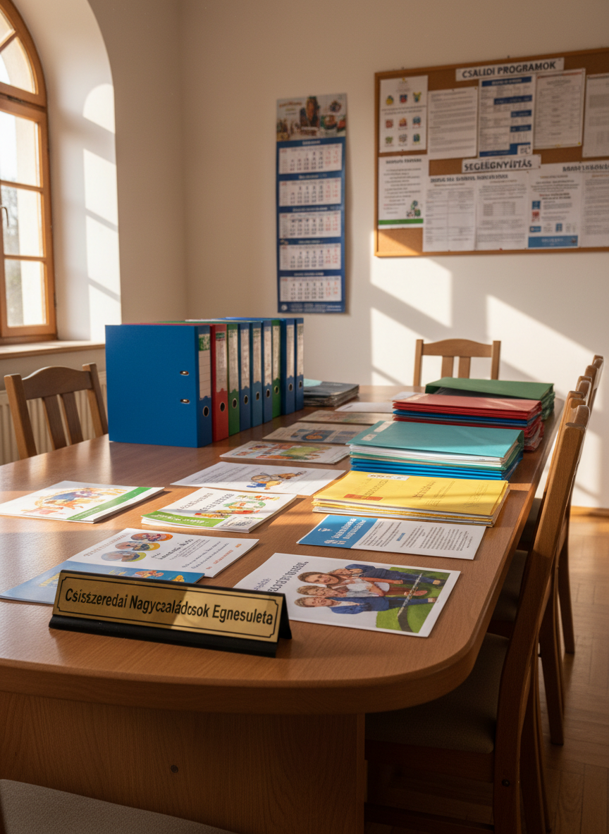 A warmly lit community office for a large-family support association, with a sturdy wooden meeting table covered in neatly stacked colorful folders, printed information leaflets, and a polished nameplate reading “Csíkszeredai Nagycsaládosok Egyesülete.” In the background, a large wall calendar and a bulletin board display organized schedules and family programs, all in Hungarian. Soft natural afternoon light enters through a tall window, casting gentle, realistic shadows and a calm, professional glow. Photographed at eye level with sharp focus and subtle background blur, in clean photographic realism, emphasizing order, trust, and organizational reliability without any people present.