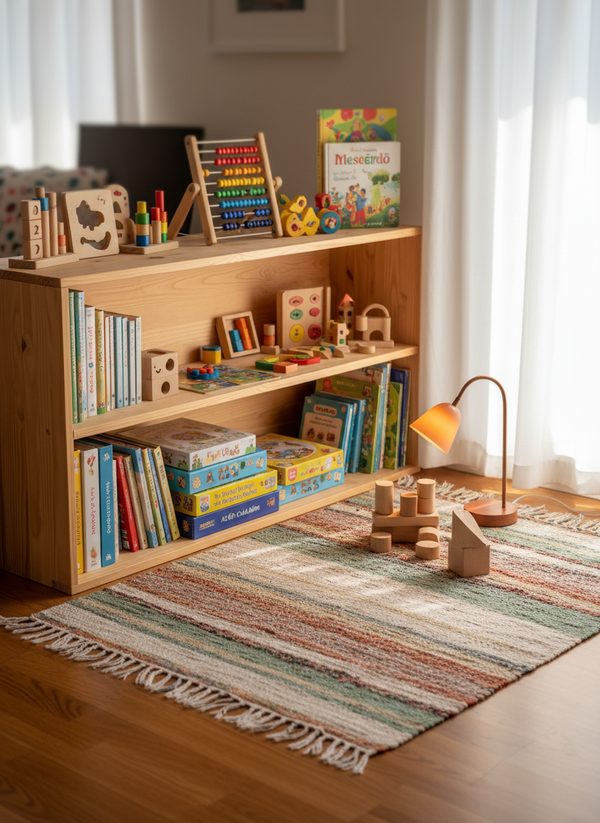 A cozy, well-organized play and study corner symbolizing support for large families, featuring a low wooden shelf with neatly arranged educational toys, board games, and colorful storybooks in Hungarian. A soft woven rug in muted earth tones lies in the center, with a stack of child-safe wooden blocks and a small reading lamp nearby. Sunlight from a side window creates a warm, diffused glow, highlighting textures of wood and fabric. Photographed from a slightly elevated angle in crisp photographic realism, with shallow depth of field, the scene feels welcoming, safe, and family-oriented while remaining professional and uncluttered, and no people are visible.