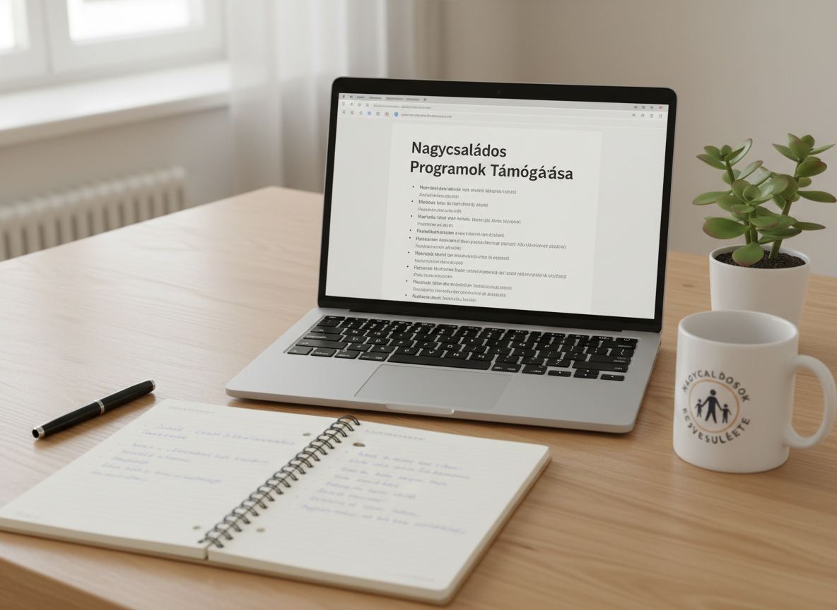 A detailed close-up of an organized desktop in the association’s office, showing a modern laptop displaying a Hungarian-language document about programs for large families, beside a neatly written notebook with a pen, a branded mug with the association’s logo, and a small potted plant in a white ceramic pot. The desk surface is smooth light oak, reflecting soft daylight from an unseen window. Gentle, even lighting creates a clean, professional atmosphere. Shot from a slightly angled top-down perspective with shallow depth of field, in photographic realism, the composition emphasizes clarity, structure, and dedicated support work, with no humans present anywhere in the frame.