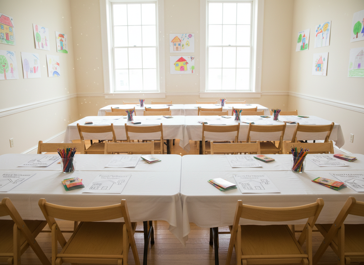 A bright community room prepared for a family workshop, with rows of empty, simple chairs arranged around rectangular tables that hold neatly placed brochures, coloring sheets, and sharpened colored pencils in small glass jars. The walls feature framed, childlike drawings of houses and families, adding warmth and relevance to large-family life. Large windows let in abundant natural daylight, casting soft, realistic shadows and creating a hopeful, organized mood. Captured at eye level with balanced composition and sharp focus throughout, in natural photographic realism, the space appears ready, welcoming, and professional, clearly designed for families yet shown without any people.