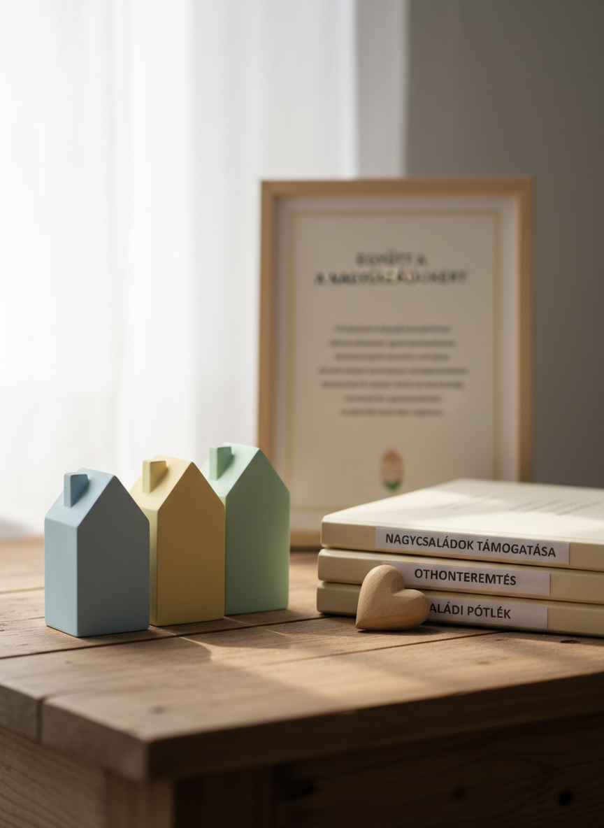 A symbolic still life representing support for large families: a wooden tabletop displaying a carefully arranged set of objects—three different-sized houses in matte pastel colors, a stack of official-looking folders with Hungarian labels, a small heart-shaped wooden ornament, and a simple framed mission statement of the association blurred in the background. Soft, diffused window light from the left creates gentle highlights on the matte surfaces and subtle, realistic shadows. Photographed in close-up with shallow depth of field and rule-of-thirds composition, in clean photographic realism, the scene feels hopeful, structured, and caring, communicating the association’s mission without showing any human figures.